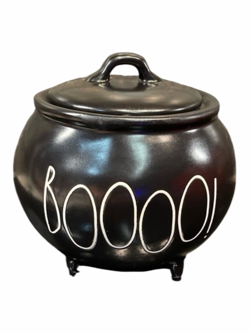 Rae Dunn Black Ceramic 'BOOOO!' Halloween Witch Cauldron Candy Jar with Lid